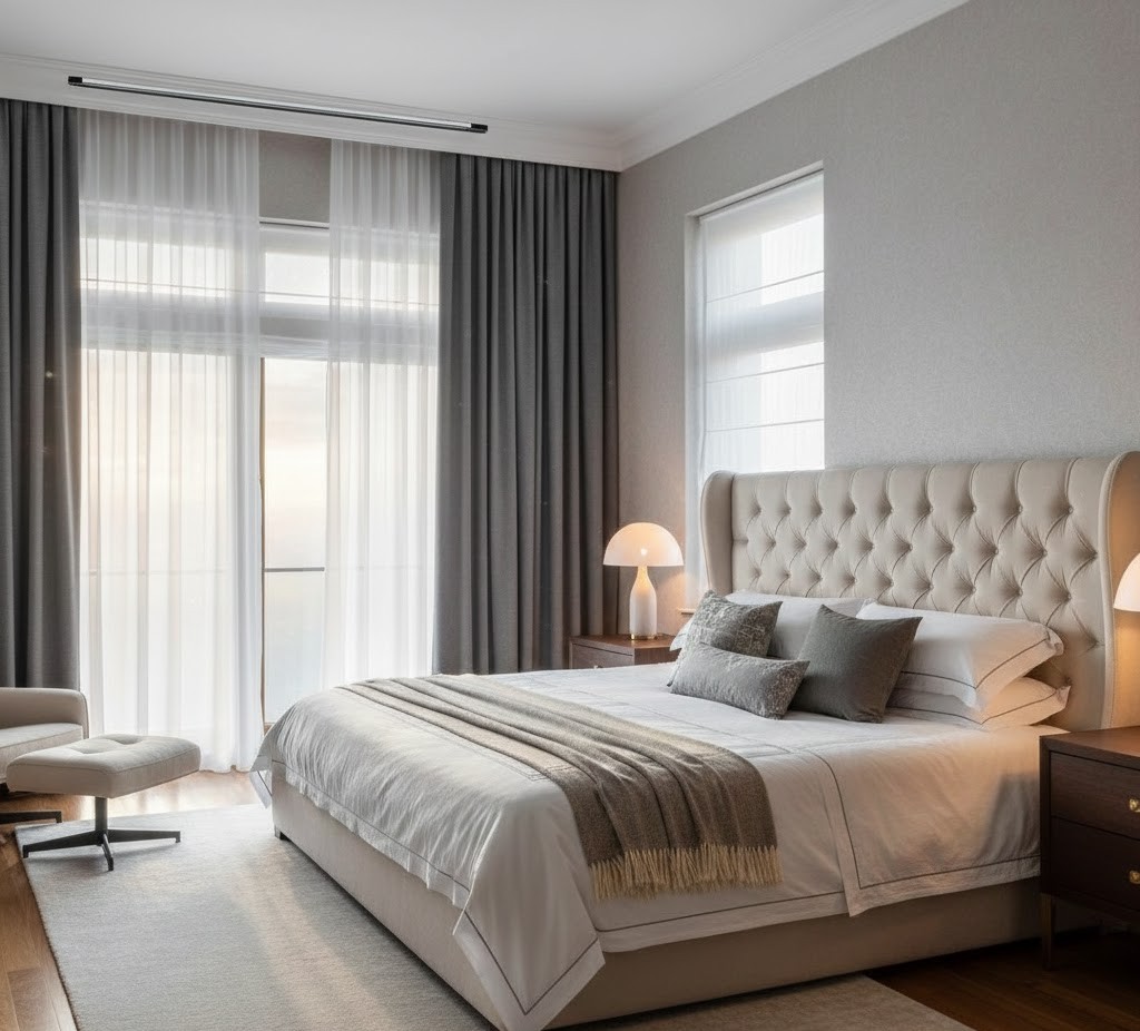 Bedroom with automated curtains