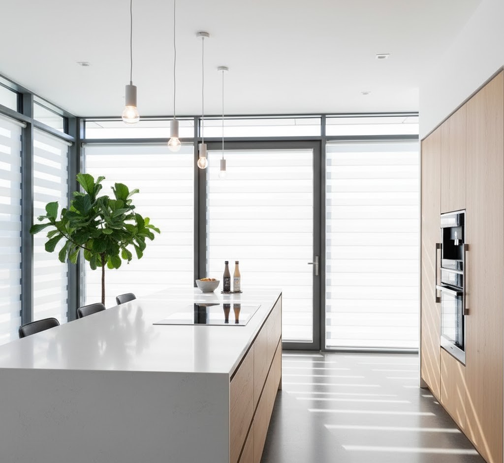 Kitchen with motorized blinds